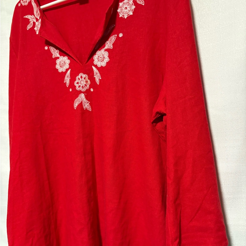 Red Embroidered Linen-BlendTop. White Floral Embroidery!#boho#coastal#festivals